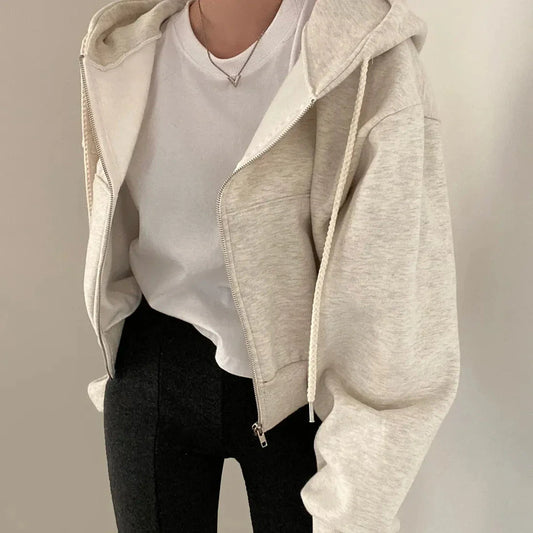 Women’s Y2K Zip Up Hoodie – Solid Color Oversized Crop Sweatshirt with Hood, Harajuku Streetwear Casual Jacket