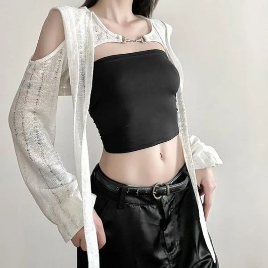 Y2K Grunge Black Hollow Out Hoodie – Slim Fit Long Sleeve Tee
